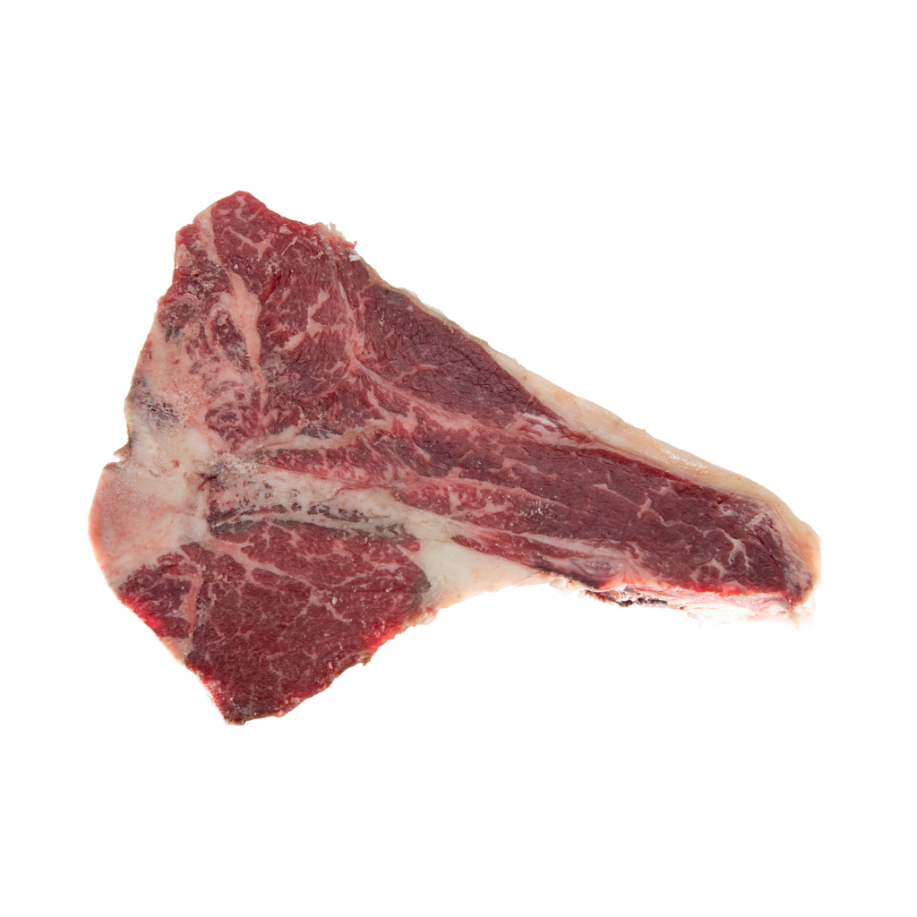 Large dry aged T-Bone Kissamos steak with perfect marbling at VG Paterakis butcher shop Kissamos