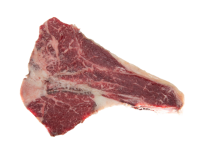 Large dry aged T-Bone Kissamos steak with perfect marbling at VG Paterakis butcher shop Kissamos