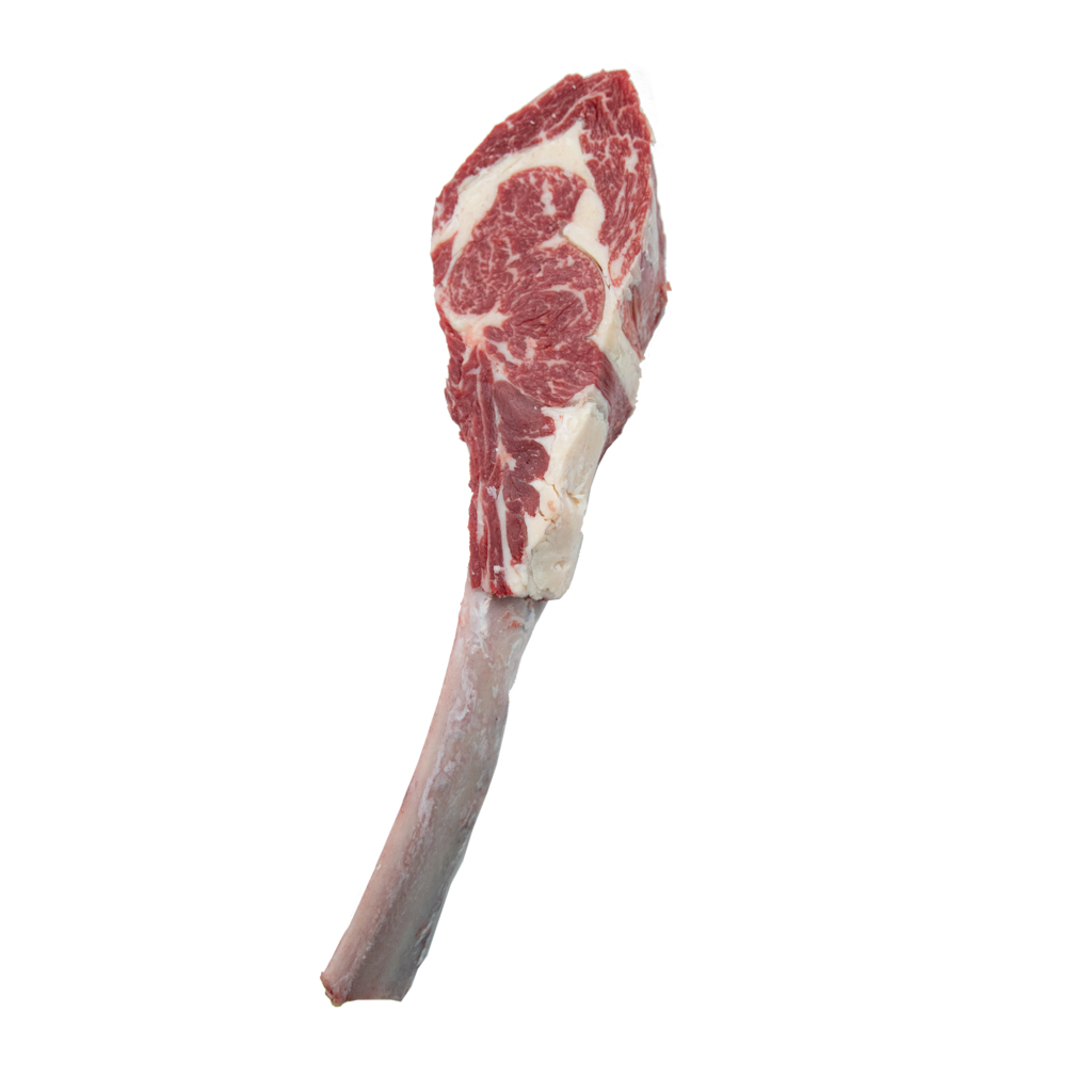 Premium dry aged Tomahawk Kissamos steak with long bone and rich marbling from VG Paterakis Kissamos
