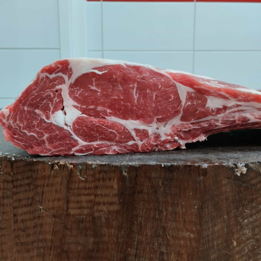 Freshly cut premium biological beef at VG Paterakis butcher shop in Kissamos, Crete