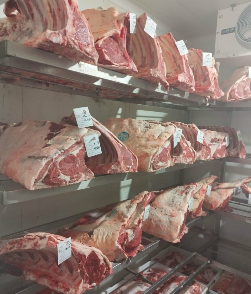 Premium dry-aged biological beef cuts beautifully displayed at VG Paterakis butcher shop in Kissamos, Crete