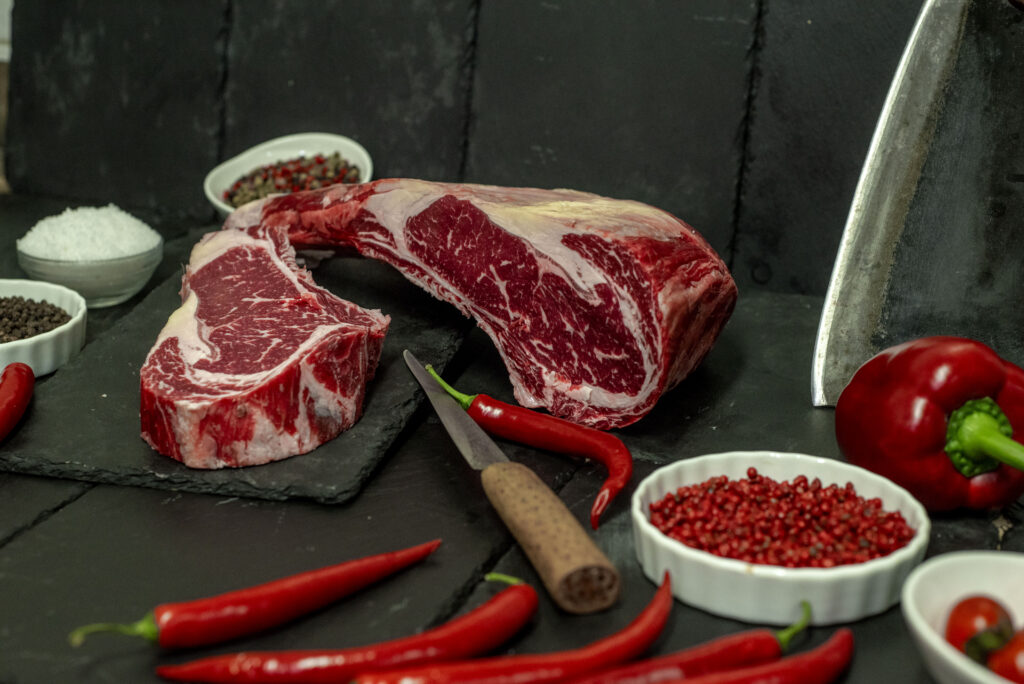 Thick-cut premium dry-aged biological beef steaks at VG Paterakis butcher shop in Kissamos, Crete