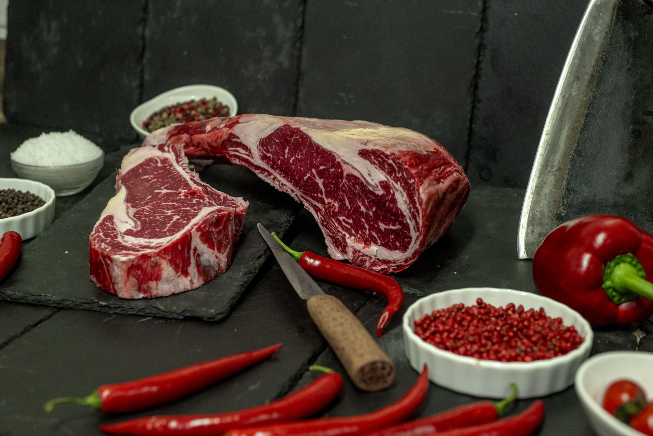 Thick-cut premium dry-aged biological beef steaks at VG Paterakis butcher shop in Kissamos, Crete
